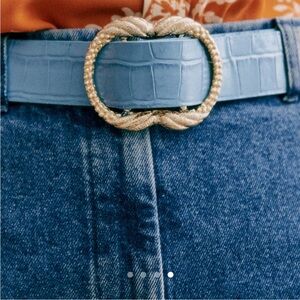 Blue Croc-Embossed Belt with Pearl Buckle